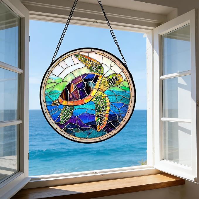 DASTOLL Stained Glass Window Hanging, Colored Turtle Ocean Suncatcher Diamond Glass Panel Hangings Marine Life Sun Catchers Decor for Birthday for Women, Men, Wife, Aunt, Mom 9.8 in