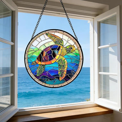 DASTOLL Stained Glass Window Hanging, Colored Turtle Ocean Suncatcher Diamond Glass Panel Hangings Marine Life Sun Catchers Decor for Birthday for Women, Men, Wife, Aunt, Mom 15x15 in