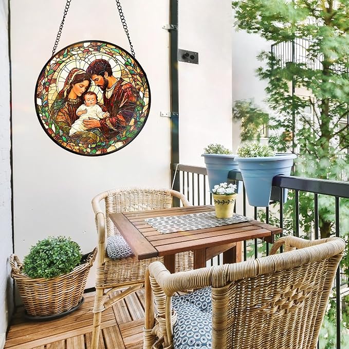 7.8 Inch Stained Glass Window Hanging Baby Jesus and The Holy Mother Mary Family Sun Catcher Indoor Window Door Wall Yard Home Decor Colorful Glass Panel Suncatcher Religious Christian Gifts for Women