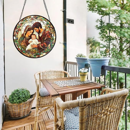 7.8 Inch Stained Glass Window Hanging Baby Jesus and The Holy Mother Mary Family Sun Catcher Indoor Window Door Wall Yard Home Decor Colorful Glass Panel Suncatcher Religious Christian Gifts for Women