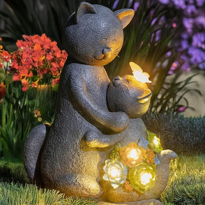 Candieslife Solar Garden Statues Loving Cat Figurine Lights for Outside, Yard Decorations Outdoor, Garden Decor Unique Mothers Day Birthday Housewarming Gifts for Mom, Women, Lover