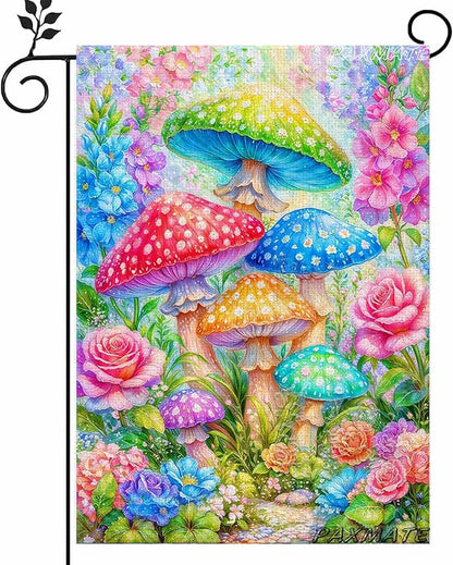 Spring Summer Garden Flag 12x18 Inch Double Sided Outside Colorful Mushroom Floral Flowers Outdoor Seasonal Holiday Welcome Yard Decoration