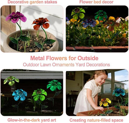 Glow-in-Dark Metal Flowers for Outside, 4 Pack Garden Stakes Waterproof, Angela Roses Yard Art, Decorative Garden Stakes for Lawn, Planters, Porch and Pathway