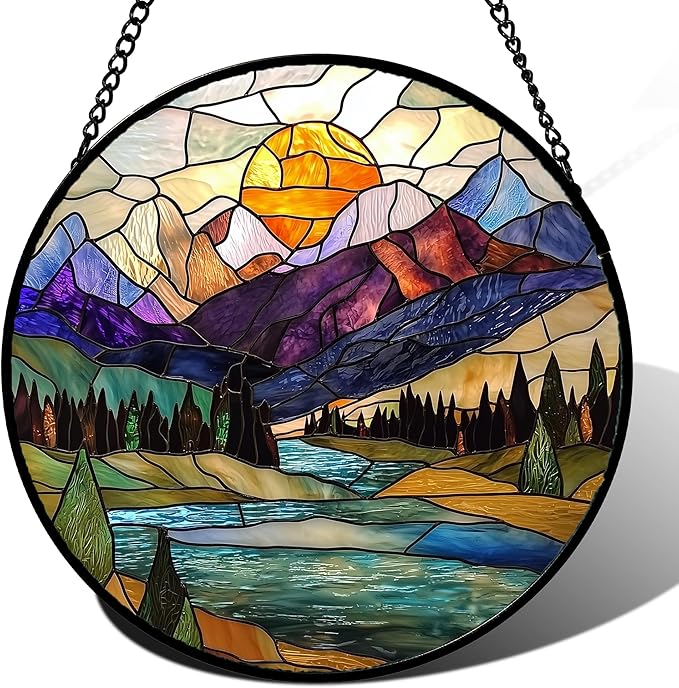 Stained Glass Window Hanging, Mountains River Trees Abstract Sunset Landscape Suncatcher for Doors Window Home Sun Catchers Decor Mother's Day Birthday Gifts for Women Men Mom 9.8 in
