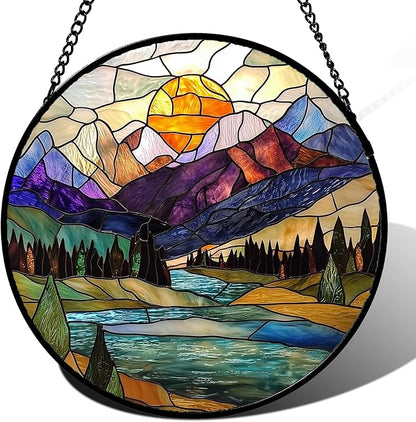 Stained Glass Window Hanging, Mountains River Trees Abstract Sunset Landscape Suncatcher for Doors Window Home Sun Catchers Decor Mother's Day Birthday Gifts for Women Men Mom 9.8 in