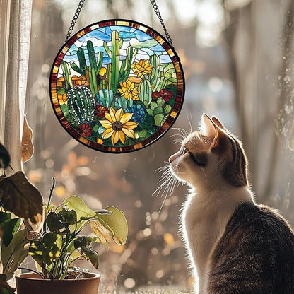 Stained Glass Window Hanging Green Cactus with Yellow Flowers Large 15" - Suncatcher Door Garden Sun Catcher Home Decor Birthday Christmas for Mom Men Woman Friend Nana