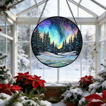 DASTOLL Stained Glass Window Hanging, Aurora Landscape Sun Catchers Glass Panel Green Trees Suncatcher Decor for Birthday for Women, Men, Wife, Aunt, and Mom 6.3 in