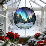 DASTOLL Stained Glass Window Hanging, Aurora Landscape Sun Catchers Glass Panel Green Trees Suncatcher Decor for Birthday for Women, Men, Wife, Aunt, and Mom 9.8 in