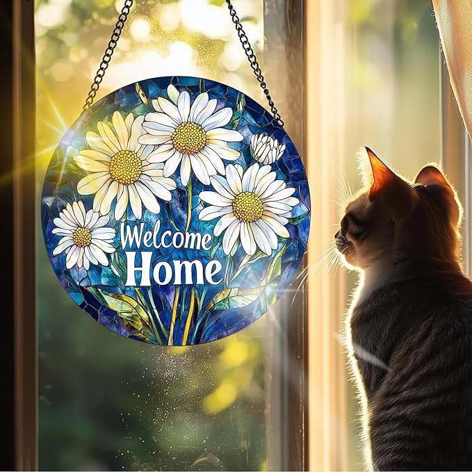 VAIIEYO Welcome Home Stained Glass Window Hanging Ornament, Handmade Sun Catcher Chrysanthemum Decoration with Hooks for Window Garden Home, Mother's Day & Birthday Housewarming Gift (7.8 inch)