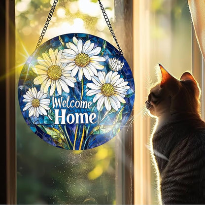 VAIIEYO Welcome Home Stained Glass Window Hanging Ornament, Handmade Sun Catcher Chrysanthemum Decoration with Hooks for Window Garden Home, Mother's Day & Birthday Housewarming Gift (7.8 inch)