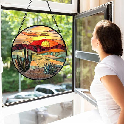 DASTOLL Stained Glass Window Hanging, Golden Landscape Dusk Sunset Suncatcher for Doors Window Home Cactus Sun Catchers Decoration Mother's Day Birthday Gifts for Women, Men, and Mom 6.3 in