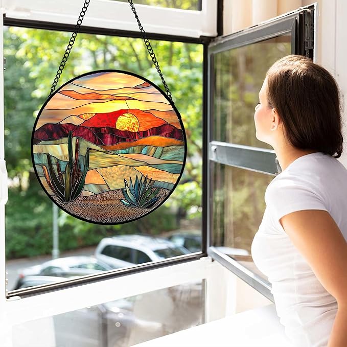 DASTOLL Stained Glass Window Hanging, Golden Landscape Dusk Sunset Suncatcher for Doors Window Home Cactus Sun Catchers Decoration Mother's Day Birthday Gifts for Women, Men, and Mom 15 in
