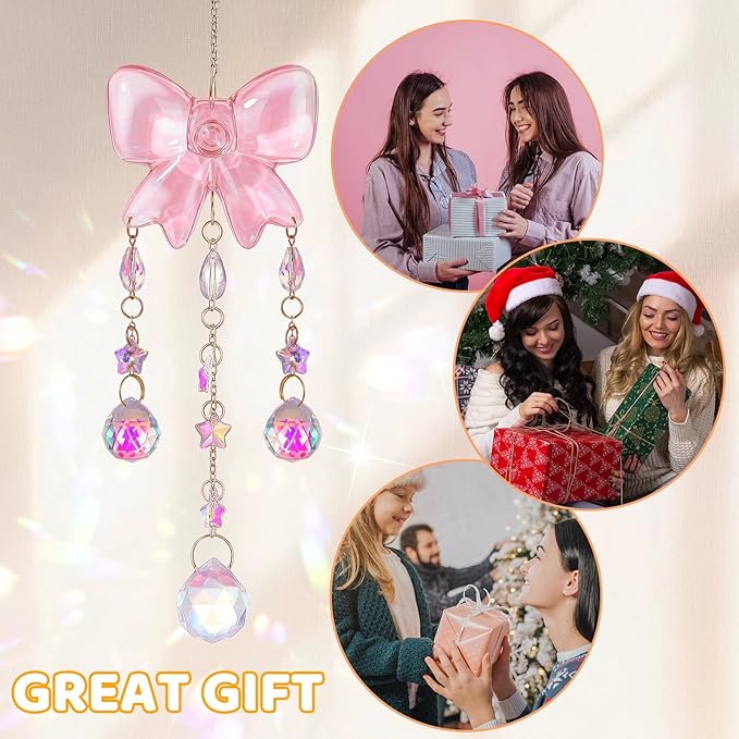 Crystal Suncatchers for Window Pink Bow Ornaments Hanging Clear Wind Chime with Chains for Garden Wedding Girls Mom Room Decor Xmas DIY Gift