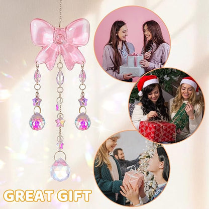 Crystal Suncatchers for Window Pink Bow Ornaments Hanging Clear Wind Chime with Chains for Garden Wedding Girls Mom Room Decor Xmas DIY Gift
