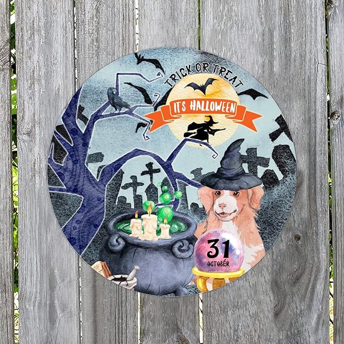 Retro Metal Sign 12"x12",Happy Halloween Scary Night Grave Witch Bats Trick Or Treat Dog Aluminum Tin Metal Sign for Home Living Room Bedroom Garden Farm Patio Decor Wall Art Poster