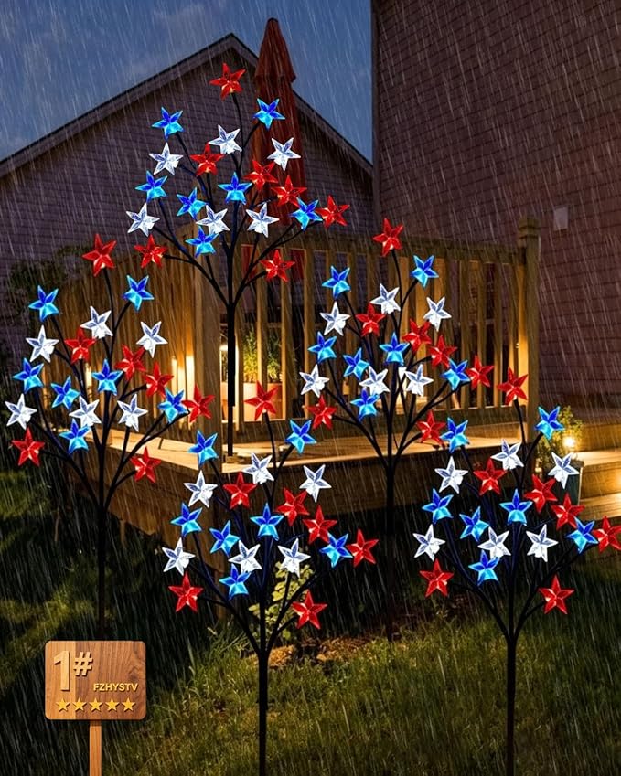 8 Piece Solar US Flag Light Set, American Flags Pole Pathway Lights, Outdoor Garden IP66 Waterproof Patriotic LED Star Stake with 8 Lighting Modes for 250th Anniversary, 4th of July Decoration