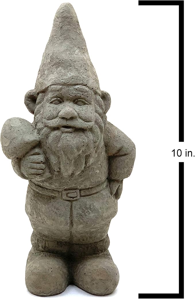 Garden Gnome with Shroom: Solid Durable Stone Statue with Vintage Texture. Sealed for Outdoors. Handcrafted USA. (Antique/Gray)