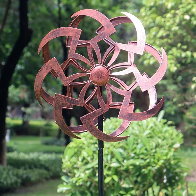 Garden Wind Spinner Outdoor Decor, Dual Rotating Blades Kinetic Sculpture with Artistic Geometric Design, Durable Metal Yard Art 63x13 Inch