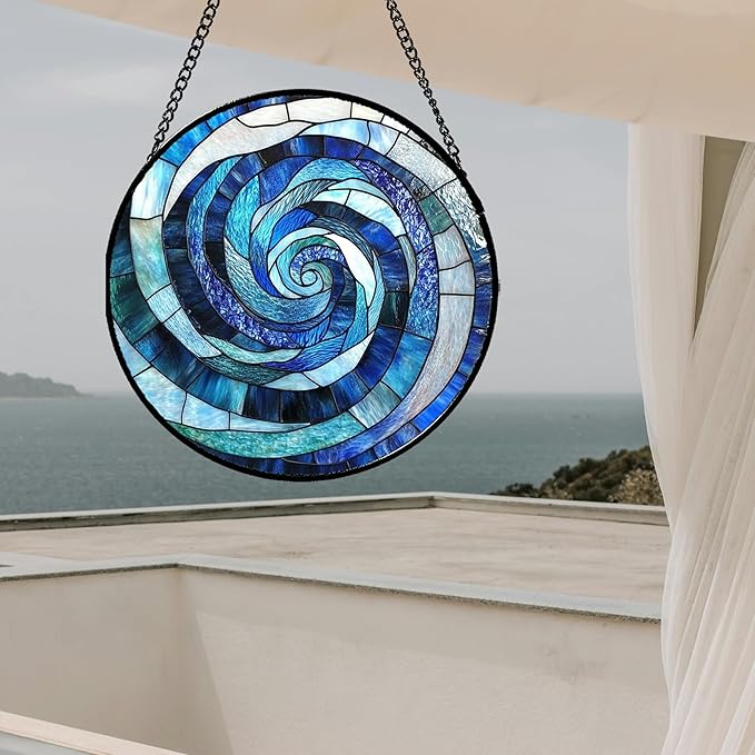 Stained Glass Window Hanging - Blue Abstract Swirl Suncatcher for Doors Garden Patio Unique Sun Catchers Decor Christmas Mother's Day Birthday Gifts for Women Men Mom Nana Friend 9.8 in