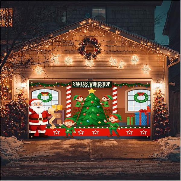 HOMETITUTE Christmas Garage Door Banner 13x6ft Santas Workshop Elves Santa Claus Theme Backdrop Banners for Outside Inside Winter Door Cover Garage Wall Covering for Party Garage Decorations