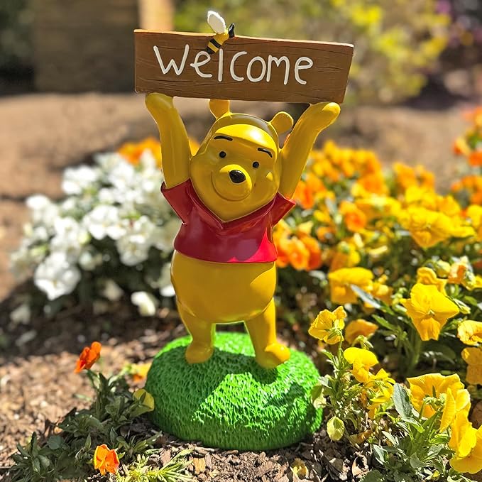 Winnie The Pooh with Welcome Sign Everyday Outdoor Garden Statue, 12 Inches Tall, Officially Licensed Disney Product