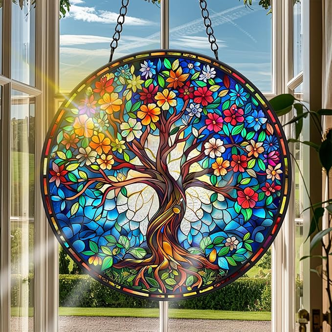 VAIIEYO Tree Sun Catcher Stained Glass Window Hanging Ornament, Handmade Sun Catcher Landscape Decoration with Hooks, Window Garden Home, Birthday Housewarming Gift 7.8 inch