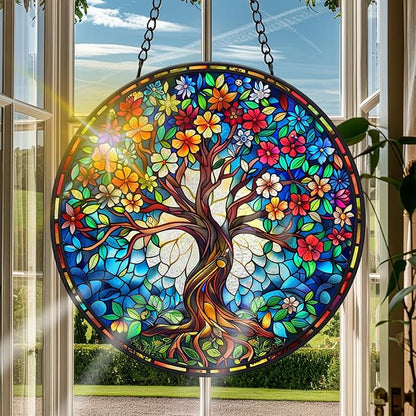 VAIIEYO Tree Sun Catcher Stained Glass Window Hanging Ornament, Handmade Sun Catcher Landscape Decoration with Hooks, Window Garden Home, Birthday Housewarming Gift 7.8 inch