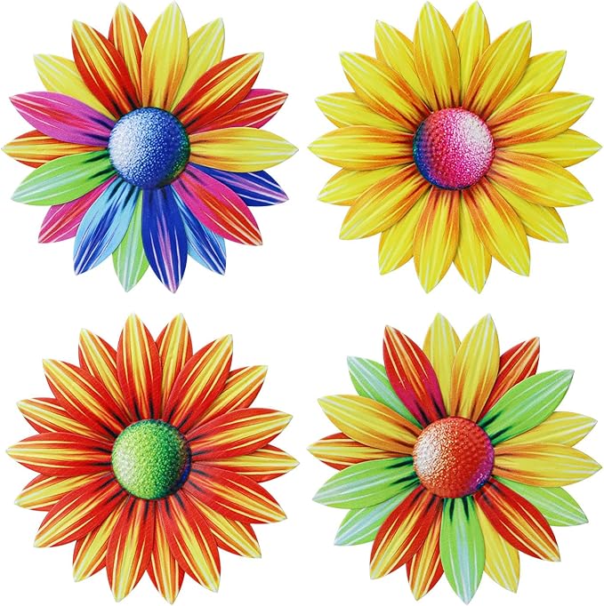 4PCS Metal Flowers Wall Decor, Outdoor Metals Flower Wall Art, 7.9in Metals Wall Flowers for Indoor Outside Home, Metal Wall Decor Art Garden Yard Outdoor Hanging Decoration（slower)