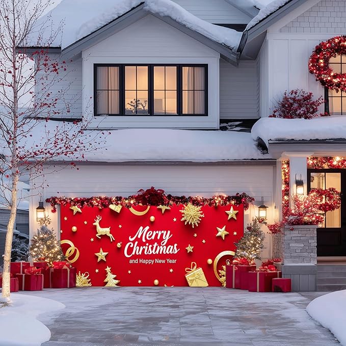 IVN Merry Christmas Happy New Year Garage Door Banner 13x6 ft Christmas Garage Door Wnter Scene Background Indoor Outdoor Red Gold Reindeer Tree Holiday Decorations for Home and Events Wall Backdrop Decor