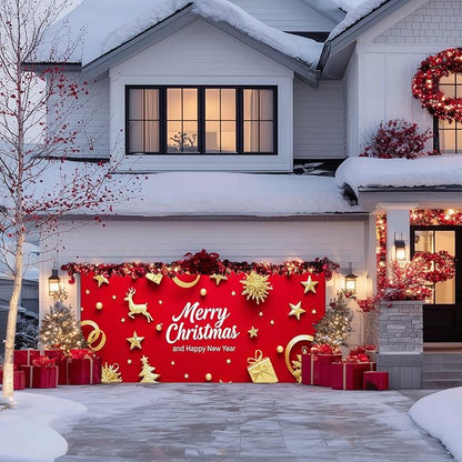 IVN Merry Christmas Happy New Year Garage Door Banner 13x6 ft Christmas Garage Door Wnter Scene Background Indoor Outdoor Red Gold Reindeer Tree Holiday Decorations for Home and Events Wall Backdrop Decor