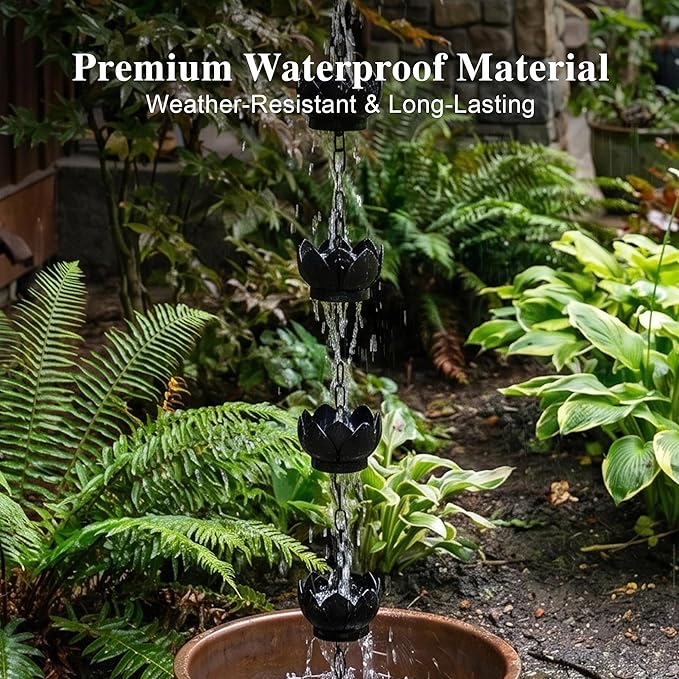 Topadorn Lotus Rain Chain for Gutters, Functional and Decorative Replacement for Gutter Downspouts, Adjustable Rain Catcher Chain with 8 Cup for Eaves Drainage, Black