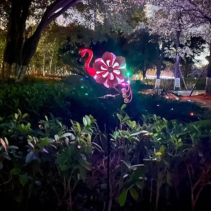 Solar Wind Spinner with Metal Sculpture Garden Stake Flamingo Decor Multi-Color LED Lights for Outdoor Yard Lawn & Garden Decoration