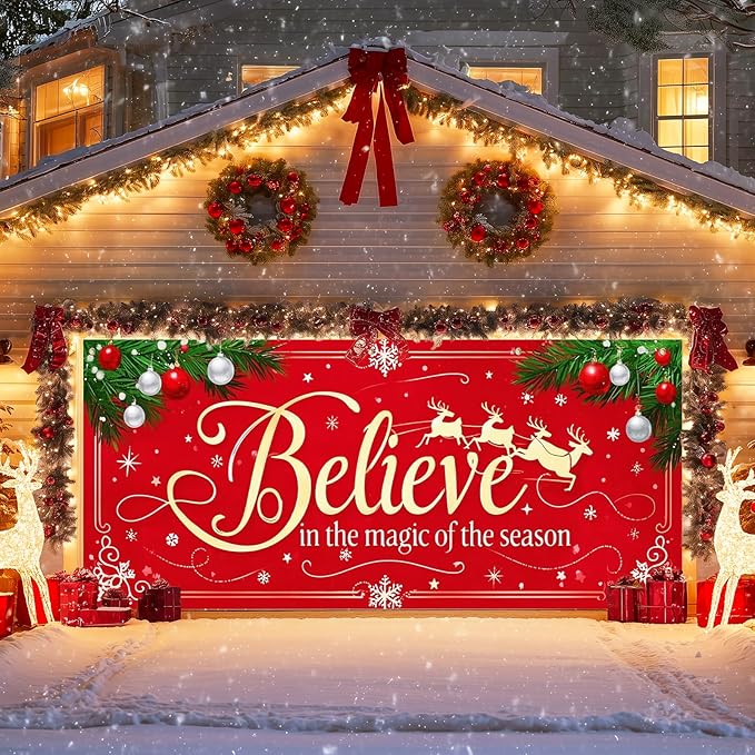 IVN Merry Christmas Happy New Year Believe Garage Door Banner 13x6 ft Christmas Garage Door Cover Wnter Scene Background Indoor Outdoor Red Snowflake Reindeer Holiday Decorations for Home and Events Wall Backdrop Decor