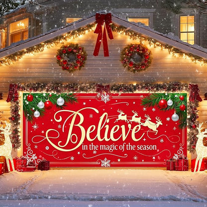 IVN Merry Christmas Happy New Year Believe Garage Door Banner 13x6 ft Christmas Garage Door Cover Wnter Scene Background Indoor Outdoor Red Snowflake Reindeer Holiday Decorations for Home and Events Wall Backdrop Decor