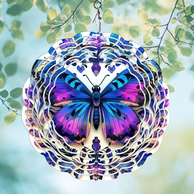 Butterfly Wind Spinners Outdoor, Hanging Wind Spinner for Garden Decoration, 8 inch 3D Stainless Steel Metal Wind Sculpture for Indoor/Outdoor Decor