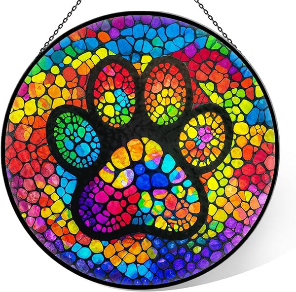 Paw Print Stained Glass Window Hanging, 7.9" Paw Print Sun Catcher Pet Memorial Suncatcher Ornament, Sun Catcher Glass Panel with Chain, Dog Memorial Gifts for Mom Grandma, Pet Lovers Gifts