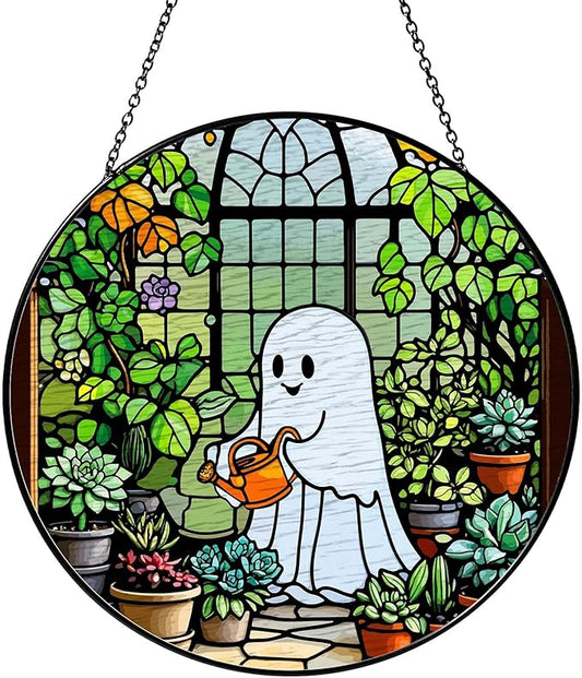 Ghost Garden Sun Catcher Stained Glass Window Hanging Plant Lovers Gifts for Women Wall Decor Handmade SunCatcher Decoration for Garden Home Plant Greenhouse Decor, 7.87inch