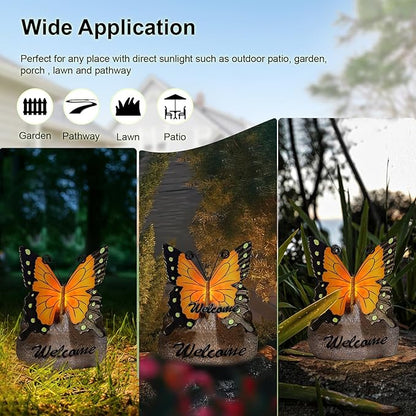 Garden Butterfly Statue Outdoor, Butterfly Figurine with Solar Powered LED Light, Waterproof Lawn Ornaments Statuary Decoration, Welcome Animal Outdoor Decor Light for Patio Balcony Yard (Black)