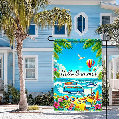 BlissYard Hello Summer Beach Garden Flag 12x18 Double Sided Vertical Outdoor Decor Van Surf Ocean Tropical Yard Garden Lawn Banner Coastal Seasonal Display