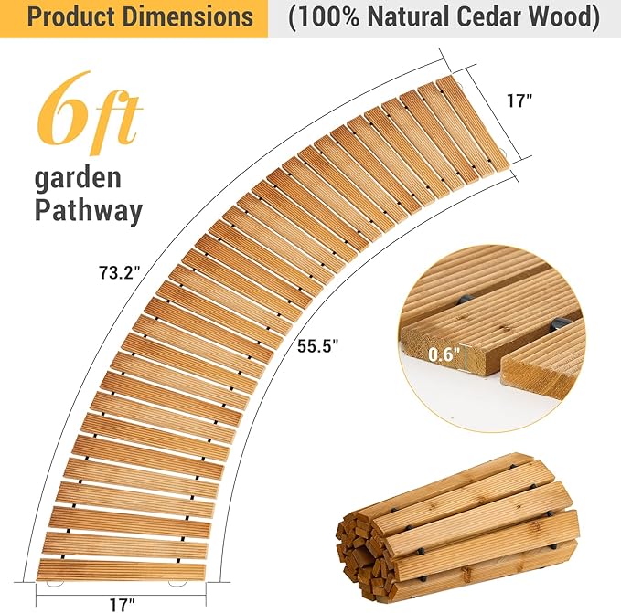 6FT Curved Wooden Garden Pathway Walkway Outdoor Roll Out Decorative Garden Non-Slip Patio Path Decorative Boardwalk Outdoor Road Floor for Backyard Beach Wedding Party