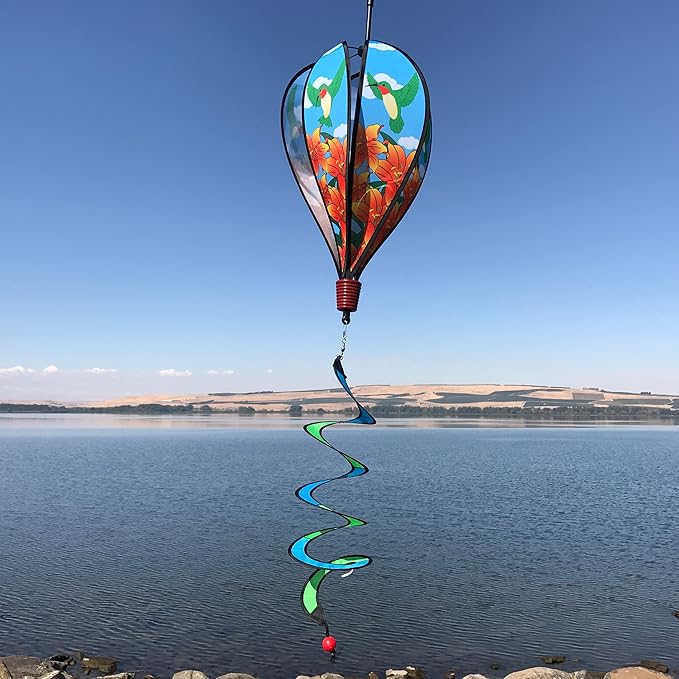 In the Breeze Hummingbird Lily 6-Panel Kinetic Hot Air Balloon Wind Spinner,11" W x 17" H, 26" Tail,1059