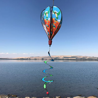 In the Breeze Hummingbird Lily 6-Panel Kinetic Hot Air Balloon Wind Spinner,11" W x 17" H, 26" Tail,1059