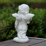 Garden Cupid Angel Statue with Pink Roses, White Cherub Figurine, Outdoor Indoor Decorative Sculpture
