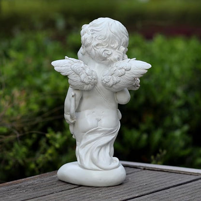 Garden Cupid Angel Statue with Pink Roses, White Cherub Figurine, Outdoor Indoor Decorative Sculpture