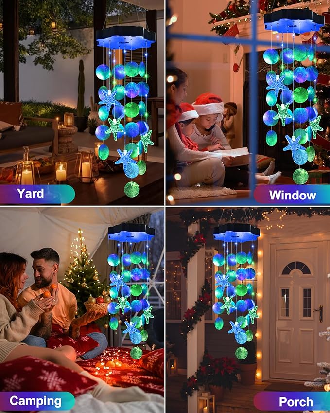 Toodour Solar Wind Chimes for Outside, Shells Light Gifts for Mom Grandma Women Wife Girls, Waterproof Solar Outdoor Decorative Mobile Light for Holiday Garden Porch Yard Outdoor Decor (Blue & Green)