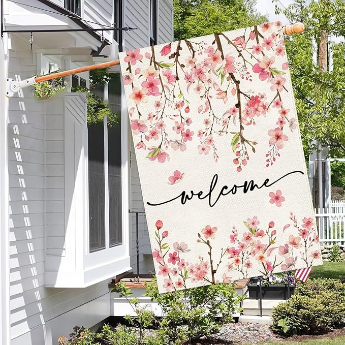 Baccessor Spring Summer Welcome House Flag 28 x 40 Inch Double Sided Burlap Pink Floral Cherry Blossom Green Leaf Farmhouse Large Yard Flag Summer Holiday Seasonal Outdoor Outside Decoration