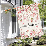 Baccessor Spring Summer Welcome House Flag 28 x 40 Inch Double Sided Burlap Pink Floral Cherry Blossom Green Leaf Farmhouse Large Yard Flag Summer Holiday Seasonal Outdoor Outside Decoration