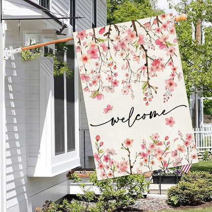 Baccessor Spring Summer Welcome House Flag 28 x 40 Inch Double Sided Burlap Pink Floral Cherry Blossom Green Leaf Farmhouse Large Yard Flag Summer Holiday Seasonal Outdoor Outside Decoration