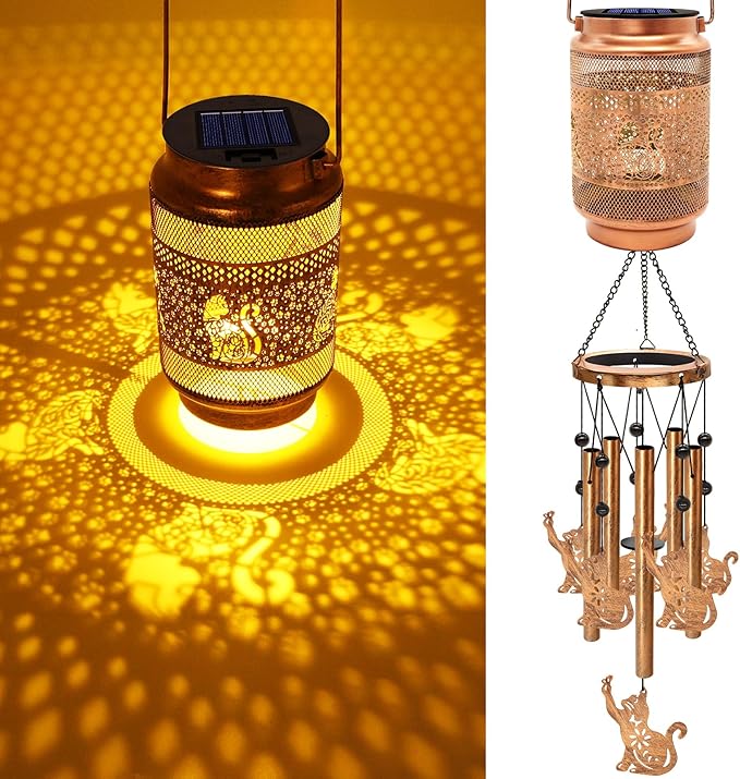 Cat Solar Wind Chimes for Outside, Gifts for Mothers Day Mom Women Grandma Birthday Memorial Teacher, 32" Windchimes Outdoor Decor Hanging Solar Lantern for Garden Porch Patio Backyard