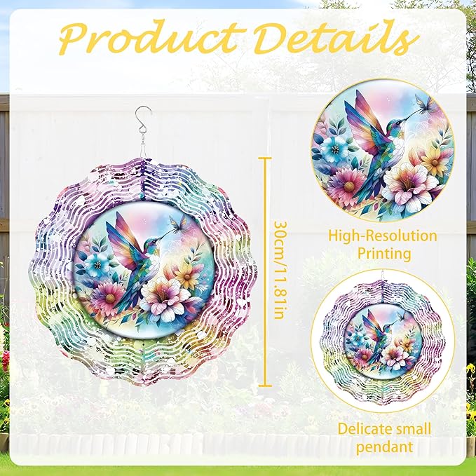 Hummingbird Wind Spinner Outdoor, Nature Gift for Women Men, Hanging Metal Wind Catcher with 5" Center Pendant, 12" 3D Stainless Steel Kinetic Art for Garden Yard Decor